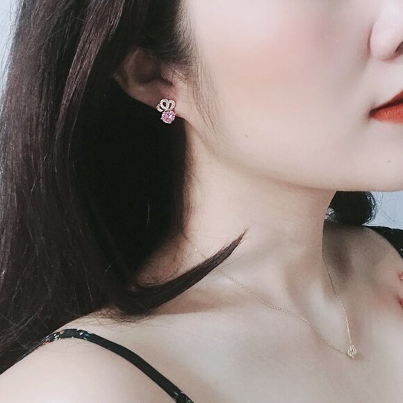 Pink Crystal CZ Crown Shape Stud Earrings for Women, HA4503 - Picture 3 of 3